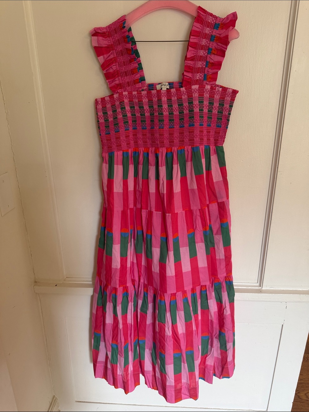 Avara Avery Pink Printed Plaid Smocked Midi Dress